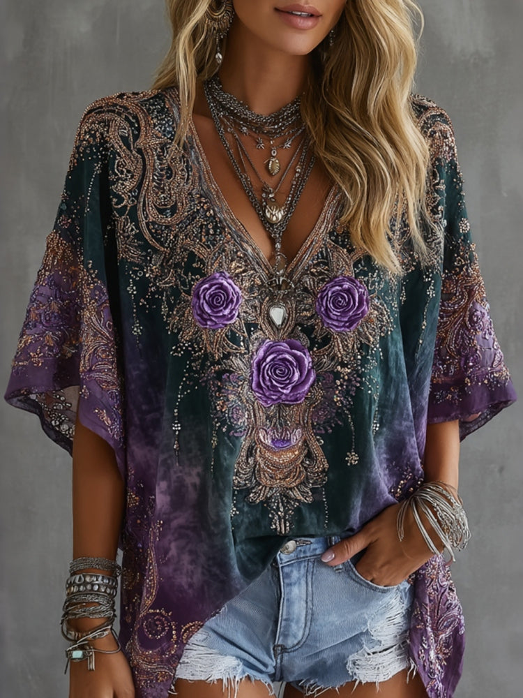 Cardydony Women's Vintage Rose Gradient Art Flowy Linen Blend Casual Tops