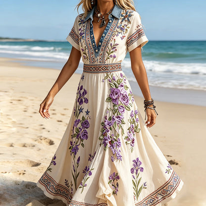 Cardydony Bohemian Purple Rose Embroidered Maxi V-neck Dress