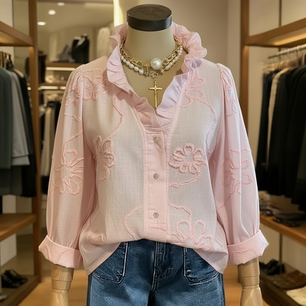 Cardydony Vintage Floral Pattern Ruffled Collar Comfy Shirt