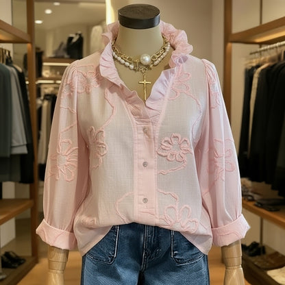Cardydony Vintage Floral Pattern Ruffled Collar Comfy Shirt