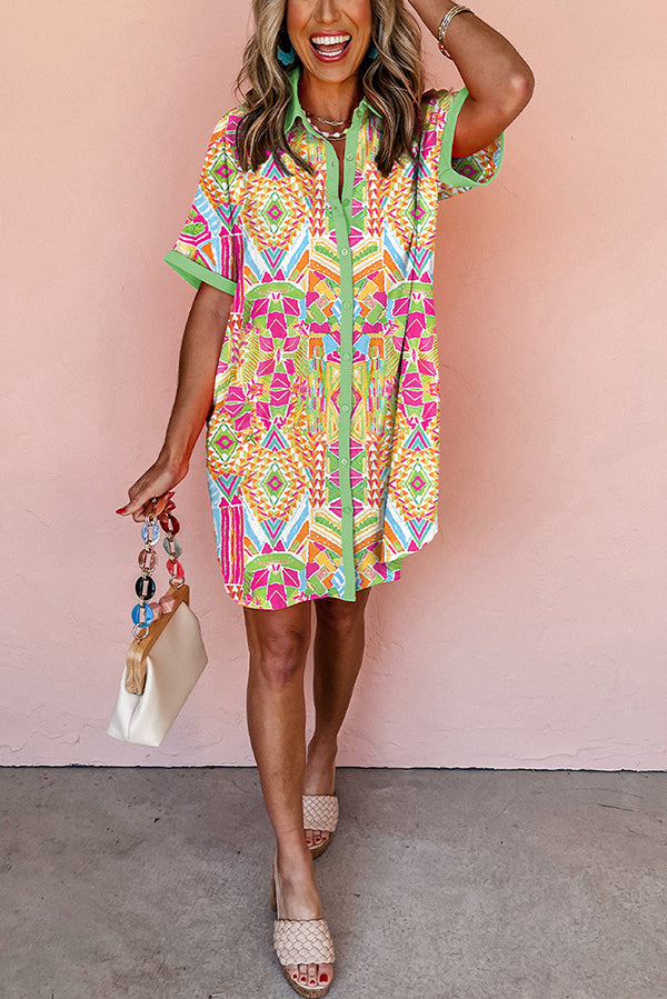 Cardydony Women's Unique Print Lapel Short Sleeve Single Breasted Loose Mini Dress