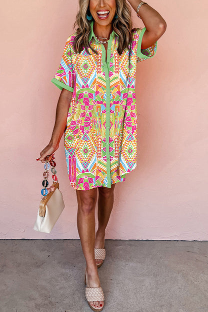 Cardydony Women's Unique Print Lapel Short Sleeve Single Breasted Loose Mini Dress