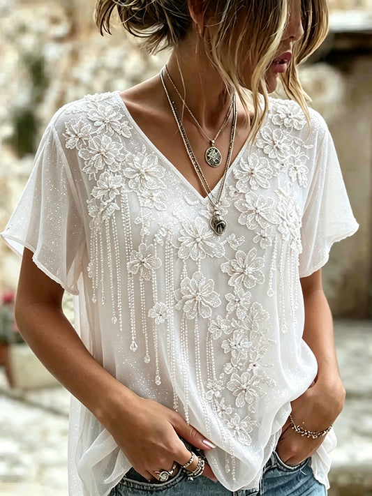 Cardydony Women's Retro Floral Art Embroidery Casual Cotton Linen V-neck T-shirt