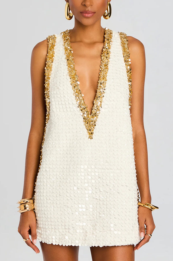 Cardydony Women's Cocktail Charm Sequin Colorblock Trim V-neck Sleeveless A-line Mini Dress