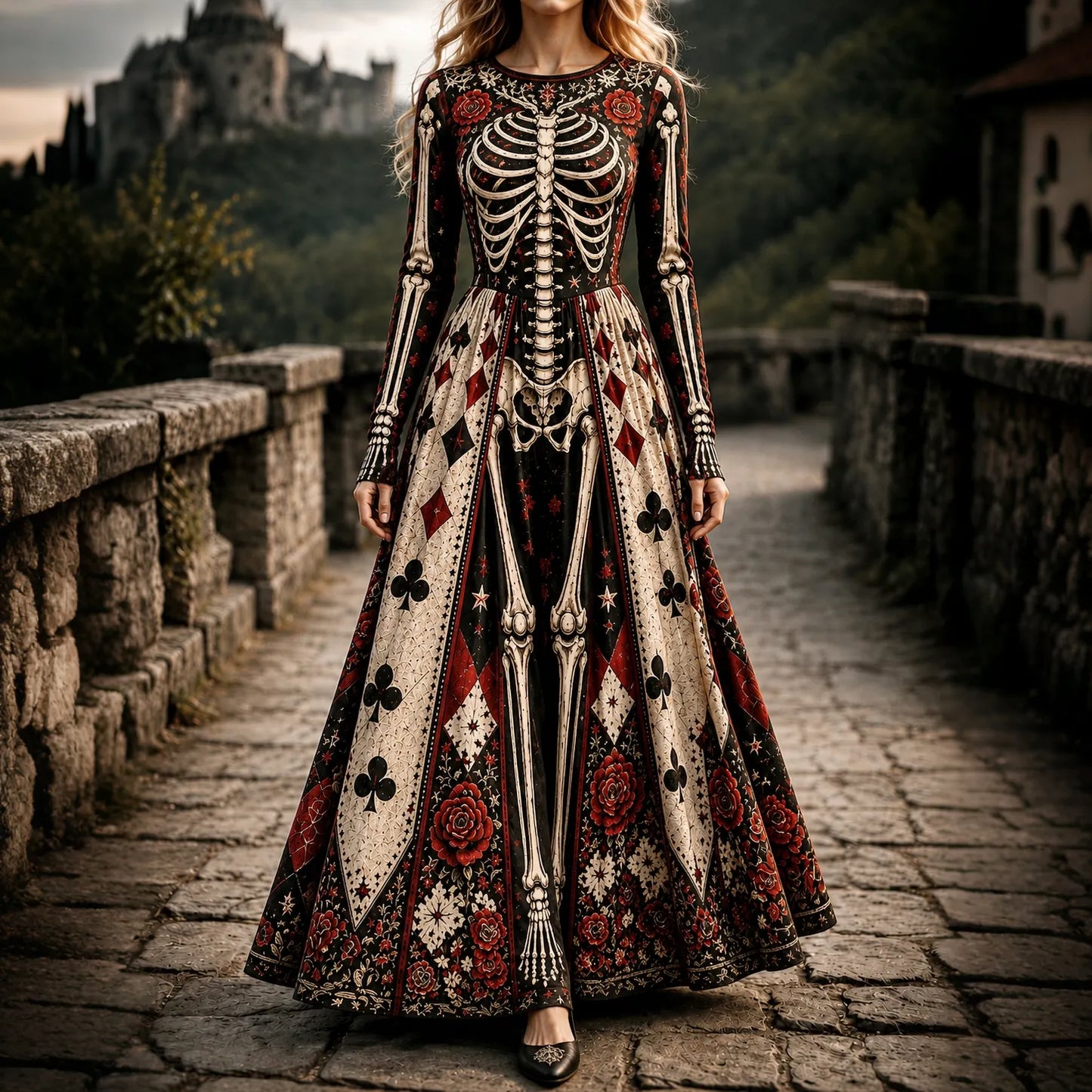 Cardydony Women's Halloween Gothic Skeleton & Floral Poker Print Pattern Maxi Dress