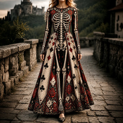 Cardydony Women's Halloween Gothic Skeleton & Floral Poker Print Pattern Maxi Dress