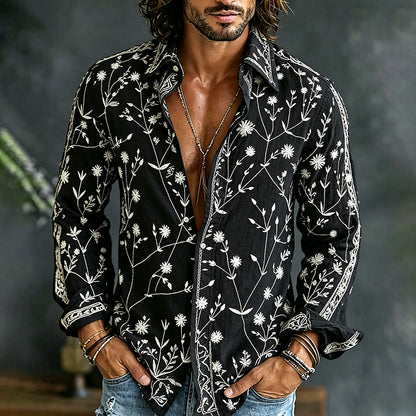 Cardydony Men's Spring Summer Floral Embroidered Art Print Flowy Linen Blend Shirt