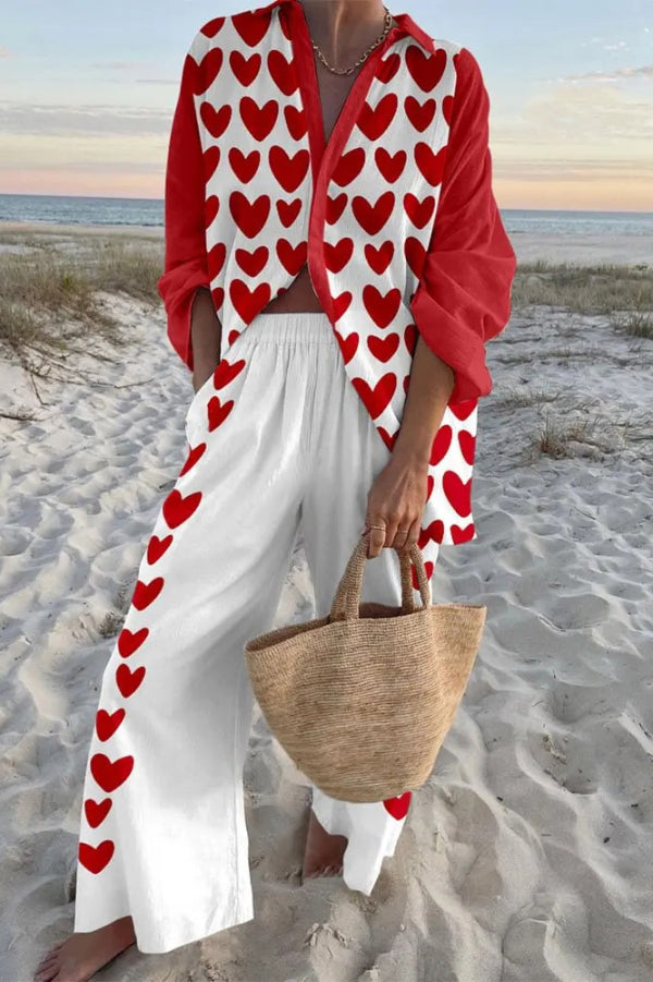 Cardydony Women's Heart-Print Loose-fitting Shirt and Elastic Waistband Pocket Pants Set