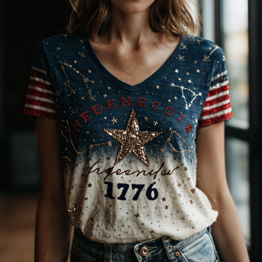 Cardydony Vintage 1776 Star Gradient Blue & White V-neck Top