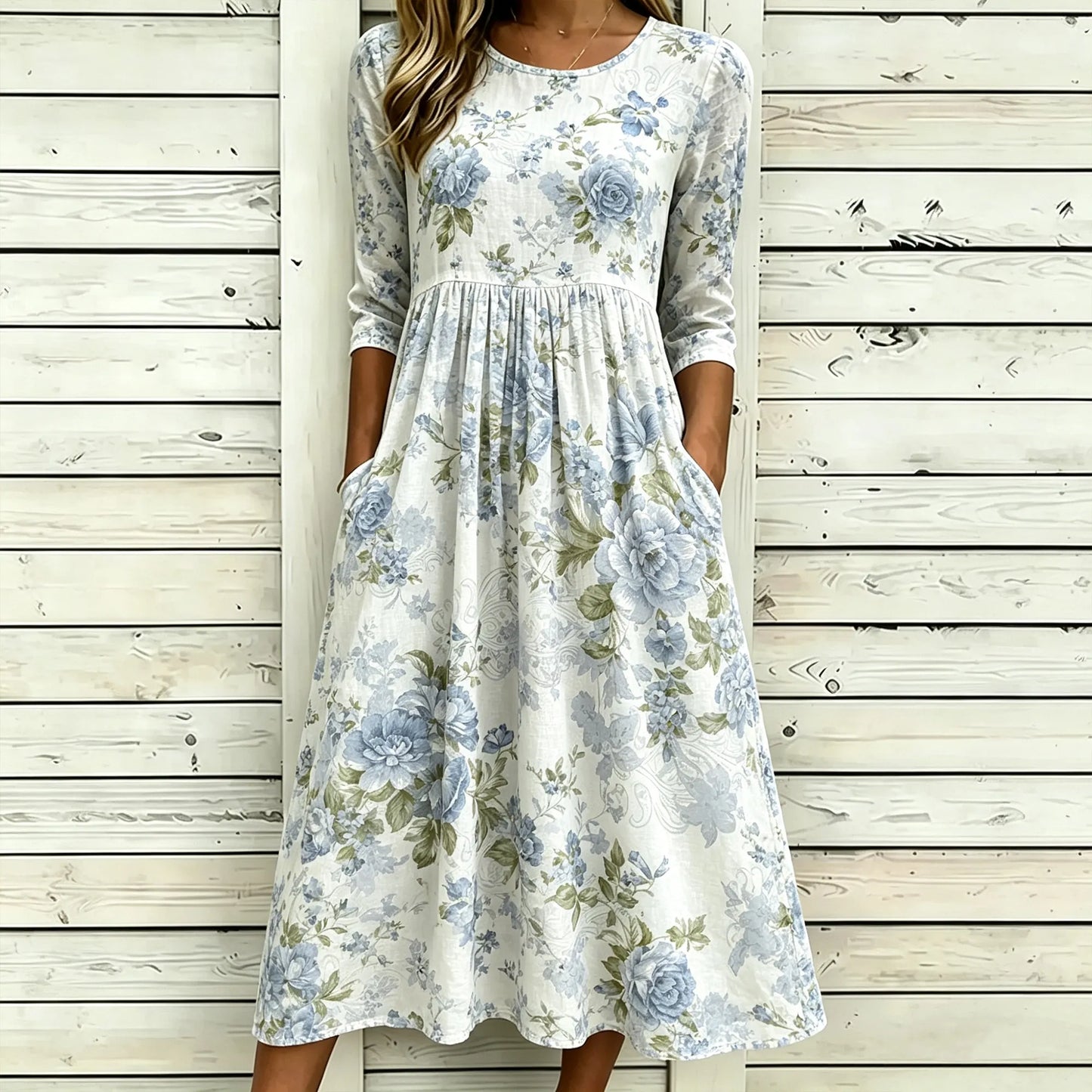 Cardydony Bohemian Pastoral Vintage Style Light Blue Rose Floral Linen Midi Dress
