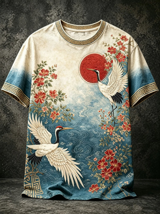 Cardydony Men's Japanese Art Crane Floral Gradient Cotton Linen Short-sleeve T-shirt