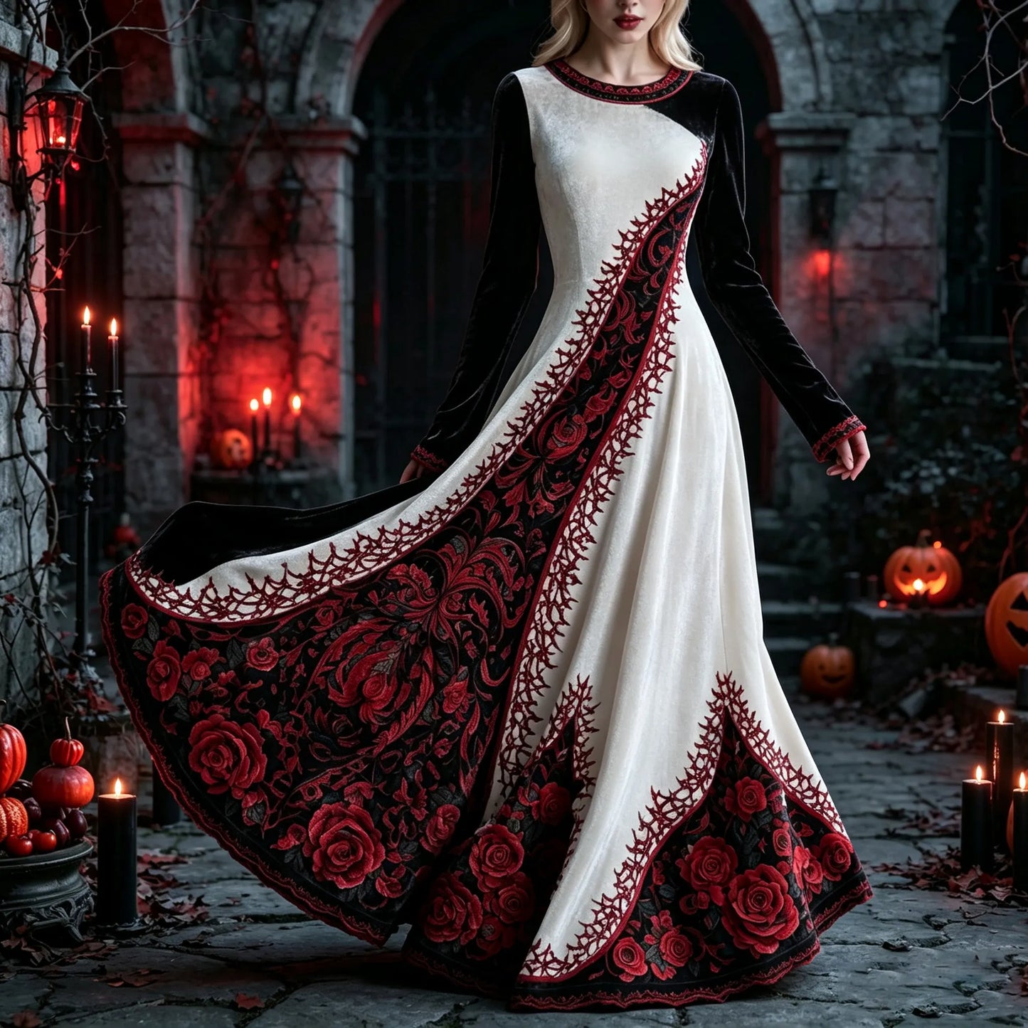Cardydony Women's Retro Gothic Floral Print Velvet Long-sleeved Flowy Dress