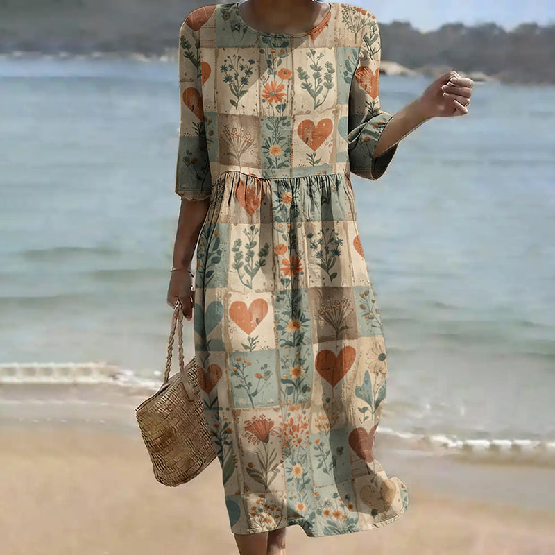 Cardydony Women's Flowers Love Pattern Linen Blend Loose Three-quarter Sleeve Dress