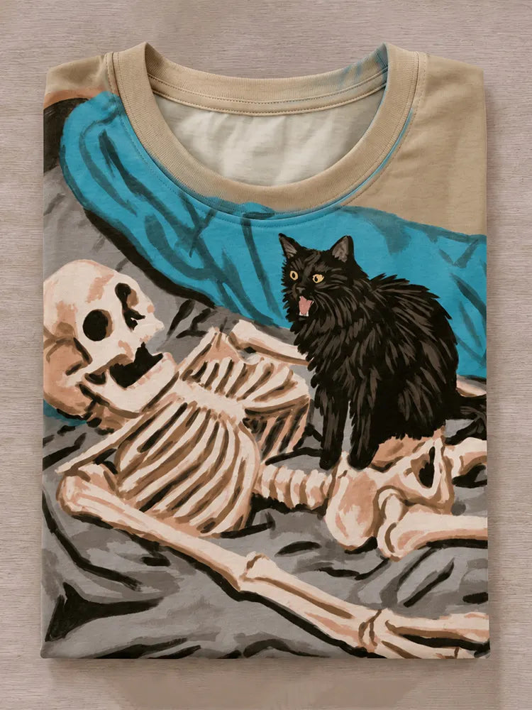 Cardydony Women's Funny Halloween Cat And Skeleton Art Print Crew Neck Short Sleeve T-shirt