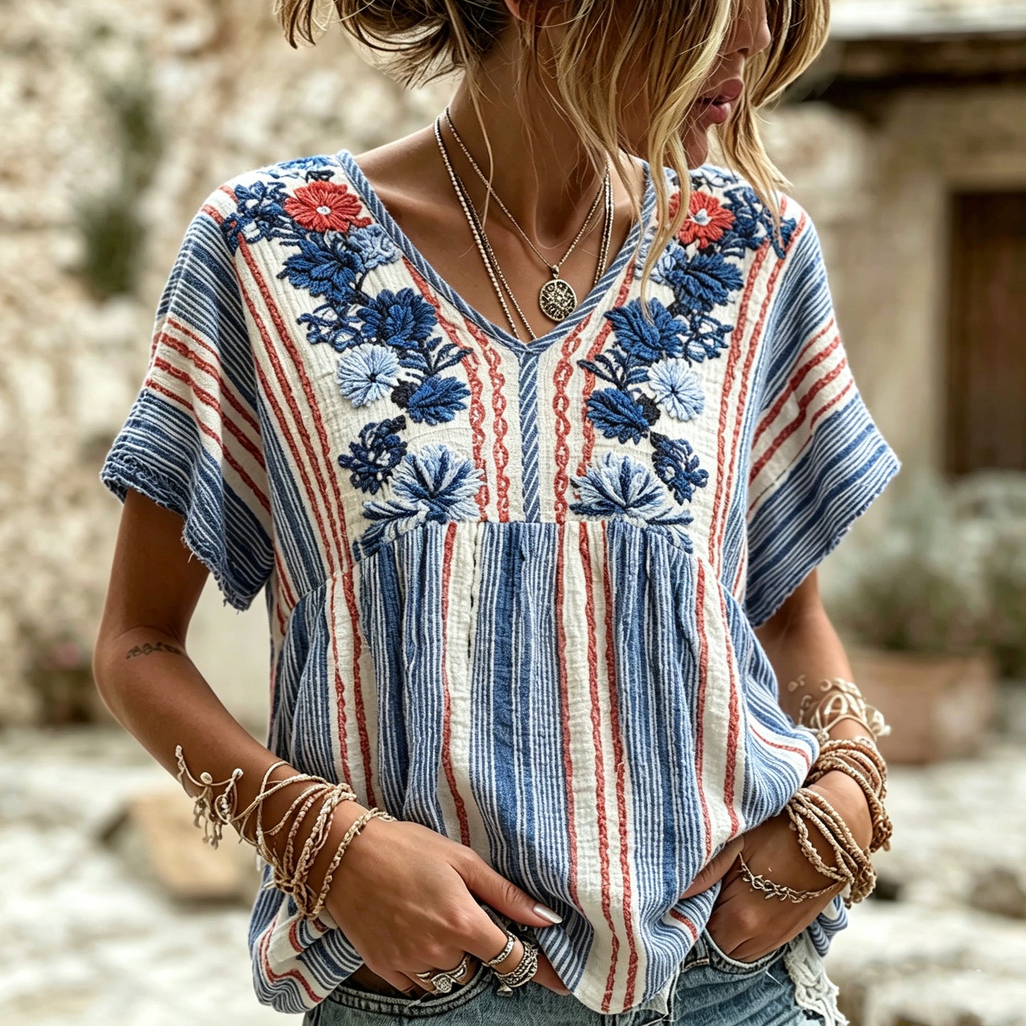 Cardydony World Cup Football Team Floral Embroidery Comfortable Women's Bohemian Style V-neck Top