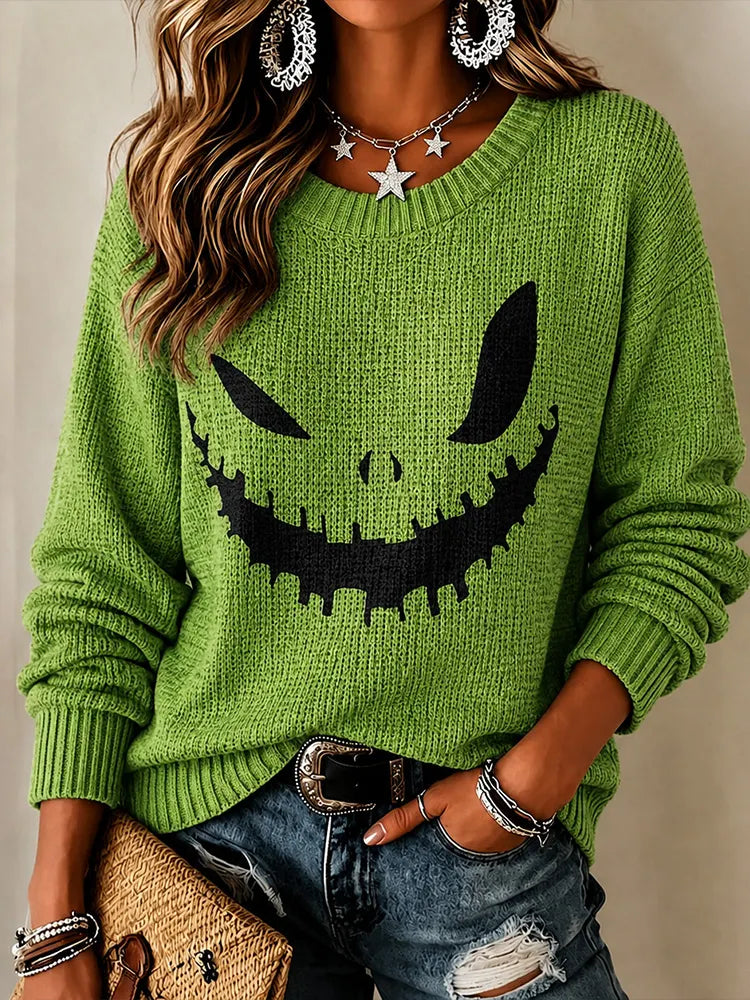 Cardydony Women's Halloween Pumpkin Ghost Face Art Casual Crewneck Sweater