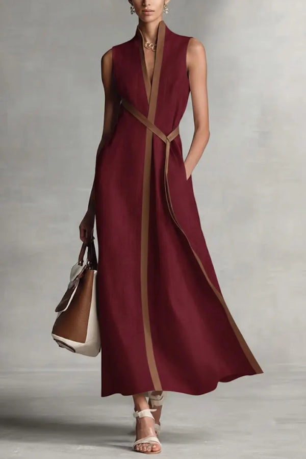 Cardydony Women's Linen Blend Color-blocked Edging V-neck Sleeveless Loose Maxi Dress