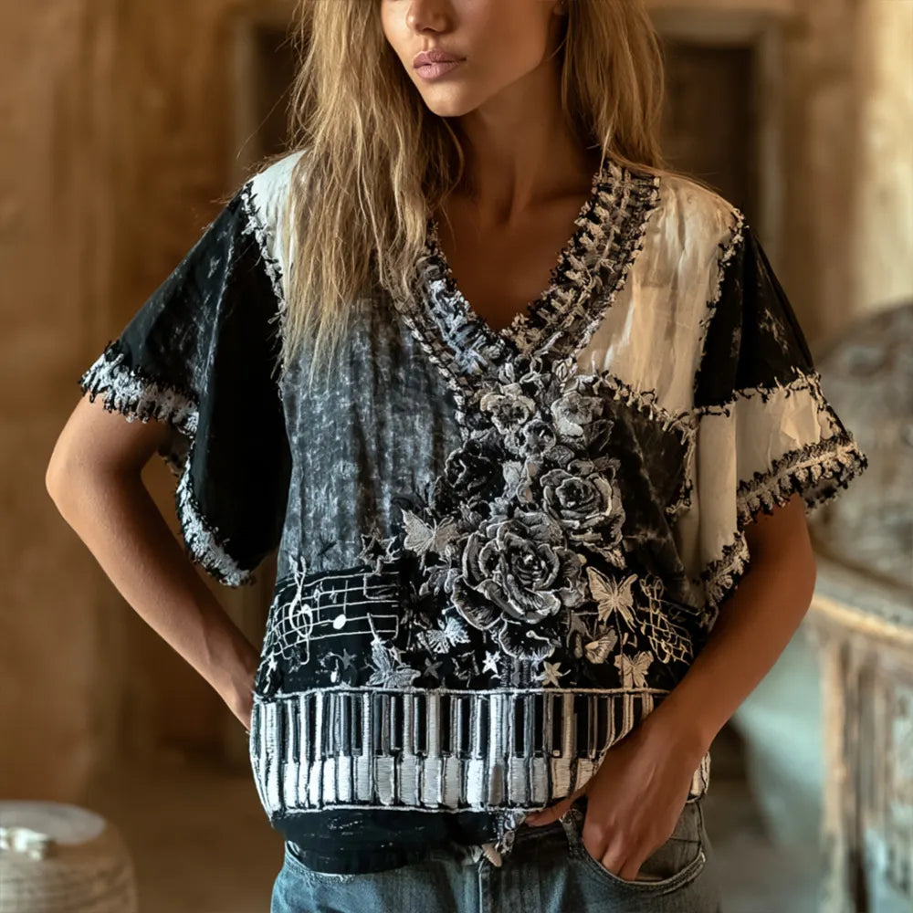 Cardydony Women's Music And Black And White Floral Art Patchwork Cotton Linen Casual V-neck Short-sleeved Top