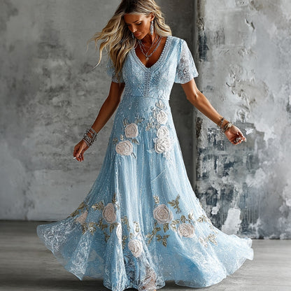 Cardydony Women's Retro Pink Rose Floral Embroidered V Neck Maxi Dress