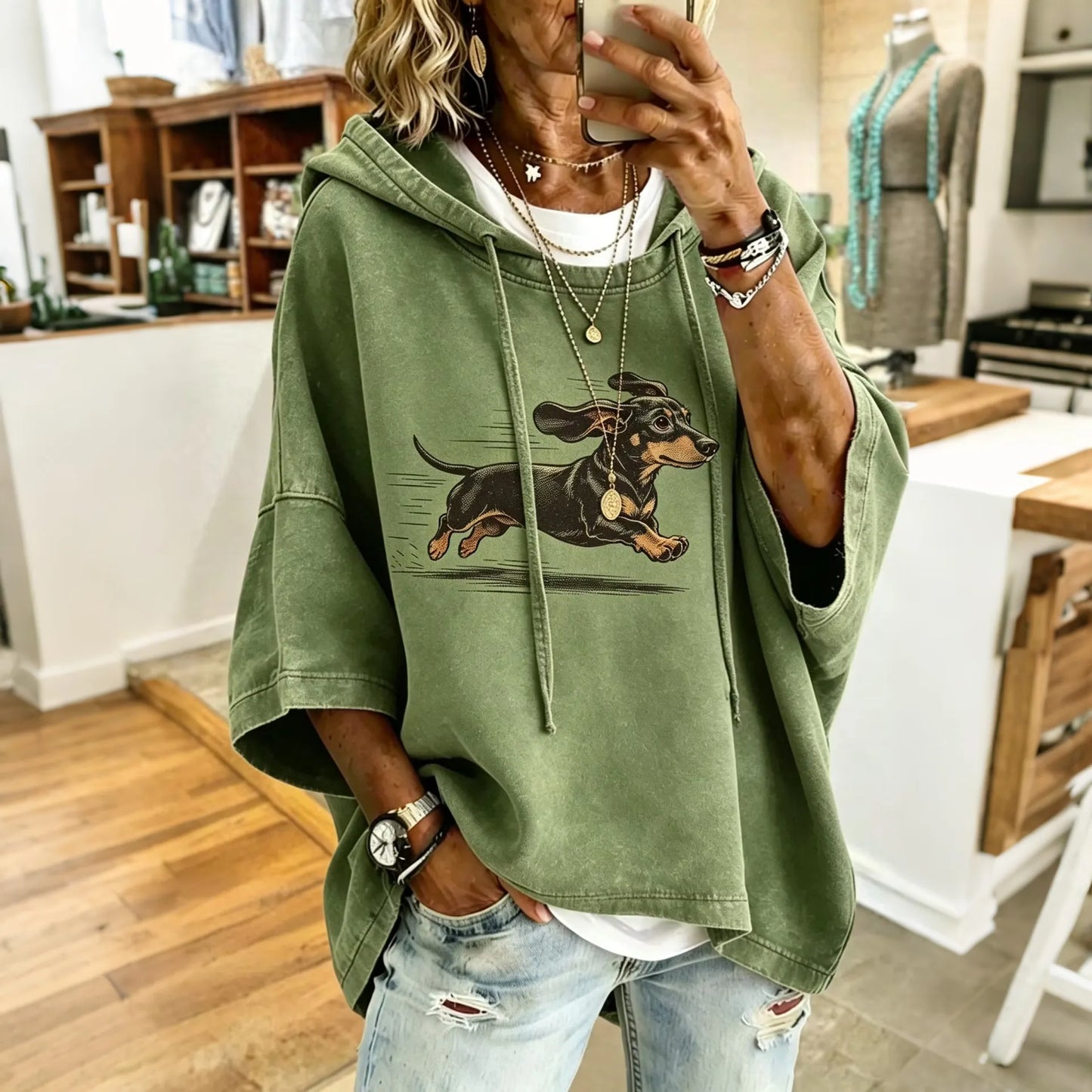 Cardydony Women's Cute Running Dachshund Print Hooded Sweatshirt