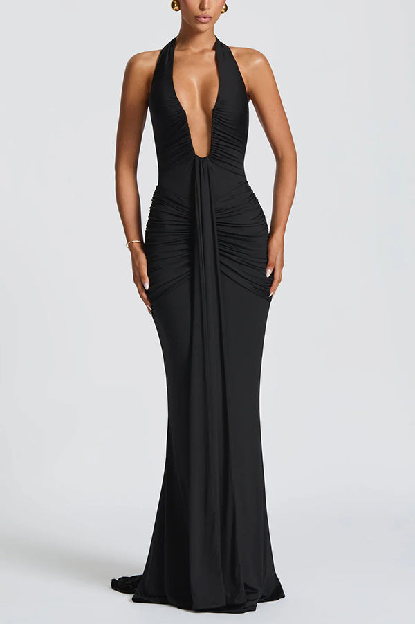 Cardydony Women's Solid Color Elegant Halterneck V-neck Open Back Tie Gathered Maxi Dress
