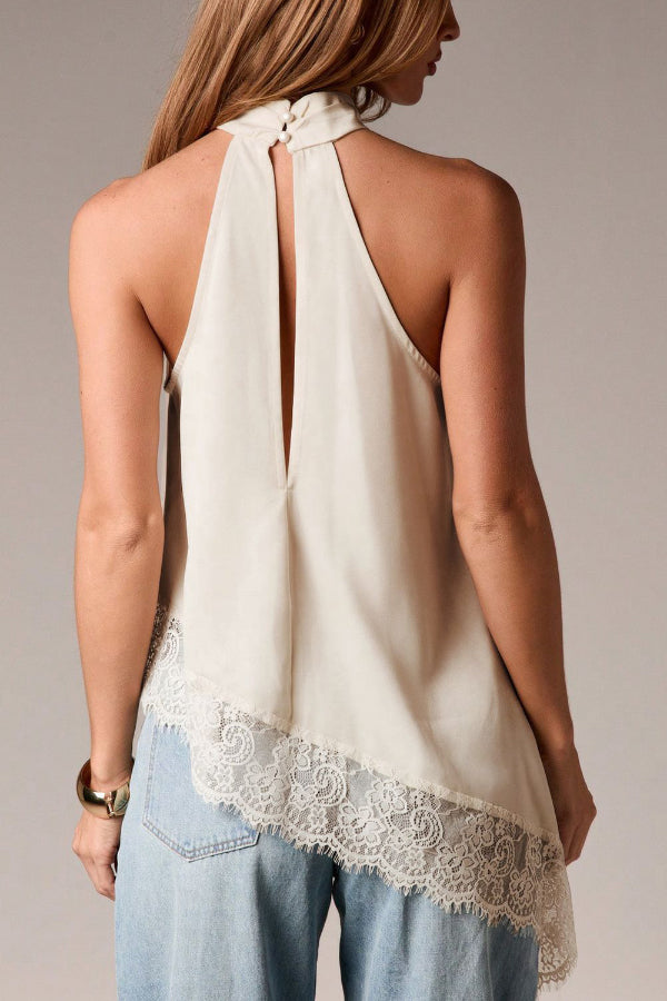 Cardydony Women's Solid Color Satin Sleeveless Lace Hem Loose Top