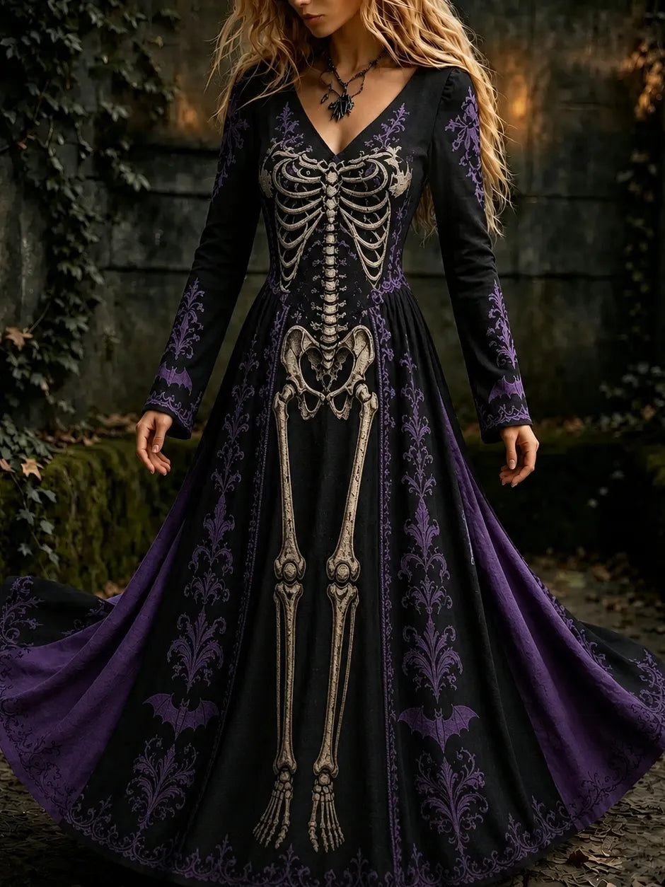 Cardydony Women's Halloween Gothic Skeleton & Floral Gothic Style V-neck Maxi Dress