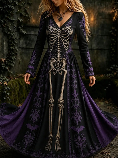 Cardydony Women's Halloween Gothic Skeleton & Floral Gothic Style V-neck Maxi Dress
