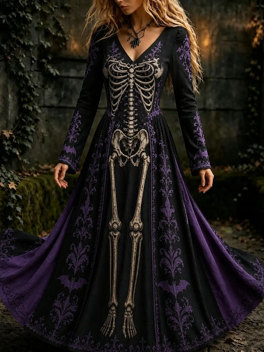 Cardydony Women's Halloween Gothic Skeleton & Floral Gothic Style V-neck Maxi Dress