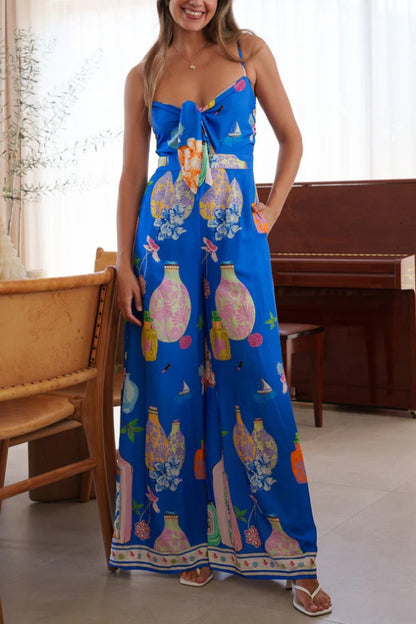 Cardydony Women's Unique Printed Sleeveless Spaghetti Strap Casual Vacation Loose Wide-Leg Jumpsuit