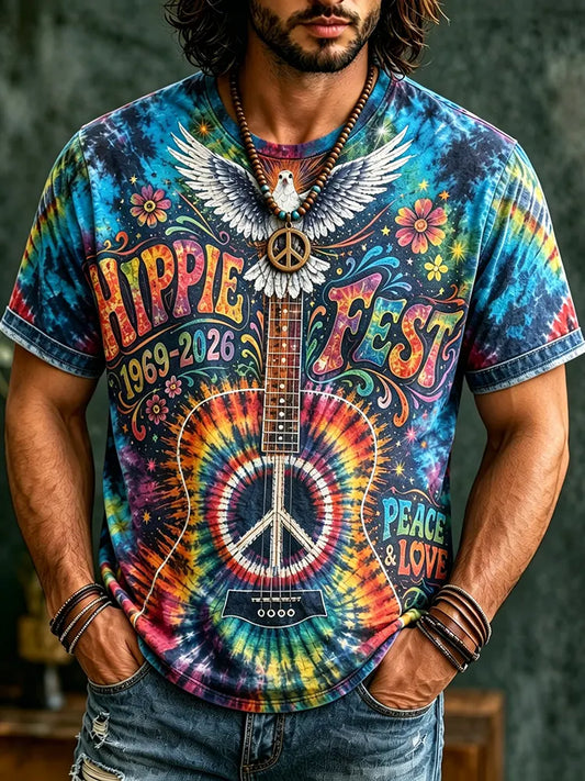 Cardydony Men's Hippie Music Pigeons With Guitar Tie Dye Art Pattern Print T-shirt