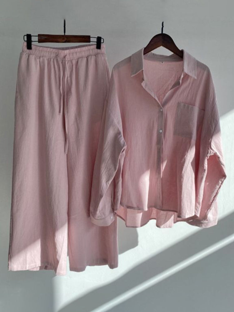 Cardydony Women's Vintage Flower Embroidery Cotton Linen Shirt And Pants Two-piece Set
