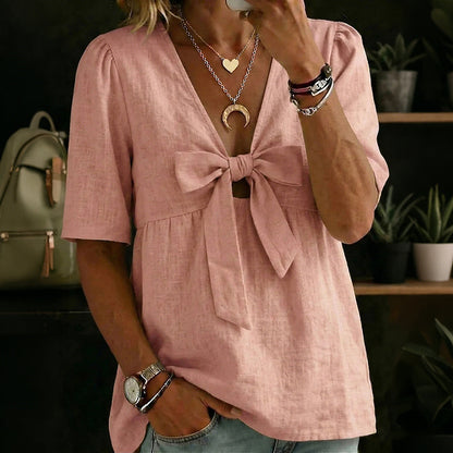 Cardydony Women's Vintage Bow Design Cotton Linen Shirt