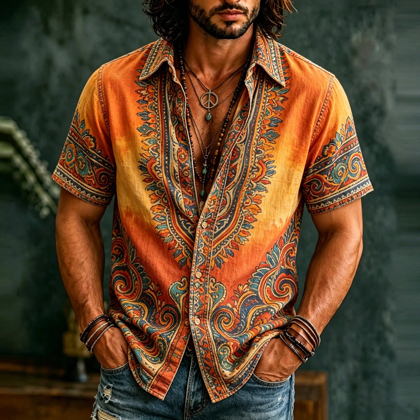 Cardydony Men's Retro Hippie Ethnic Graffiti Art Pattern Casual Washed Shirt
