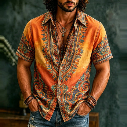 Cardydony Men's Retro Hippie Ethnic Graffiti Art Pattern Casual Washed Shirt