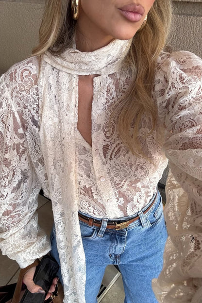 Cardydony Women's  Solid Color Sheer Lace Elegant Ribbon Long-sleeved Shirt