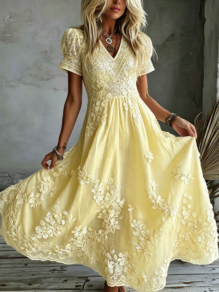 Cardydony Women's White Rose Art Embroidered Linen Blend V Neck Maxi Dress