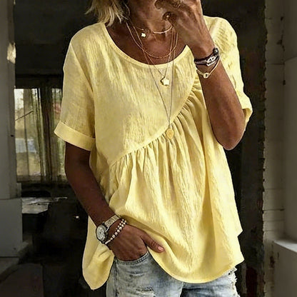 Cardydony Women's Vintage Irregular Pleated Design Short Sleeves Round Neck Linen T-shirt