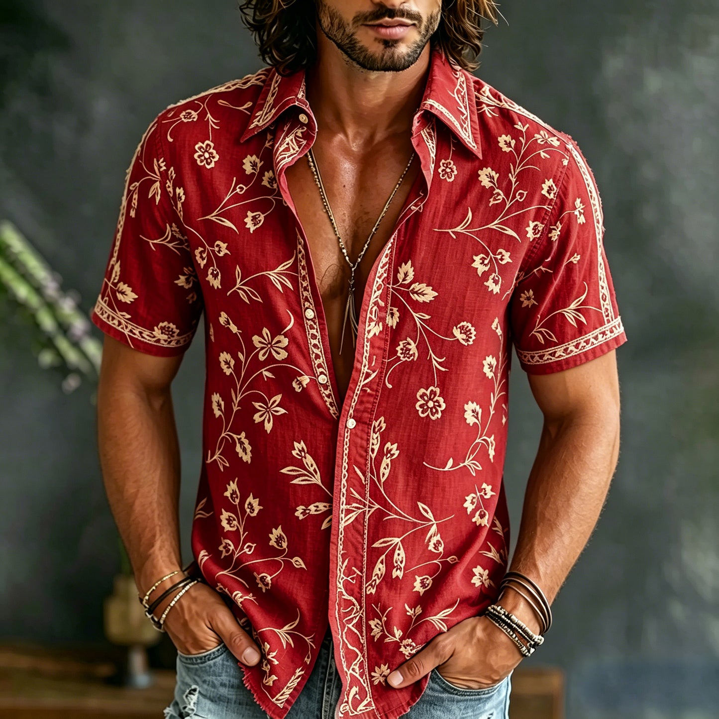 Cardydony Men's Spring Summer Floral Embroidered Art Print Flowy Linen Blend Short Sleeve Shirt