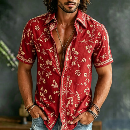 Cardydony Men's Spring Summer Floral Embroidered Art Print Flowy Linen Blend Short Sleeve Shirt