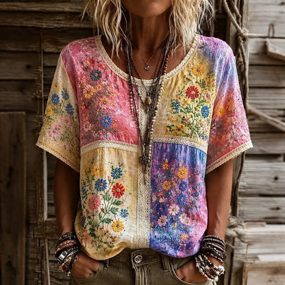 Cardydony Women's Retro Hippie Floral Patchwork Art Linen Blend Short Sleeve Tops