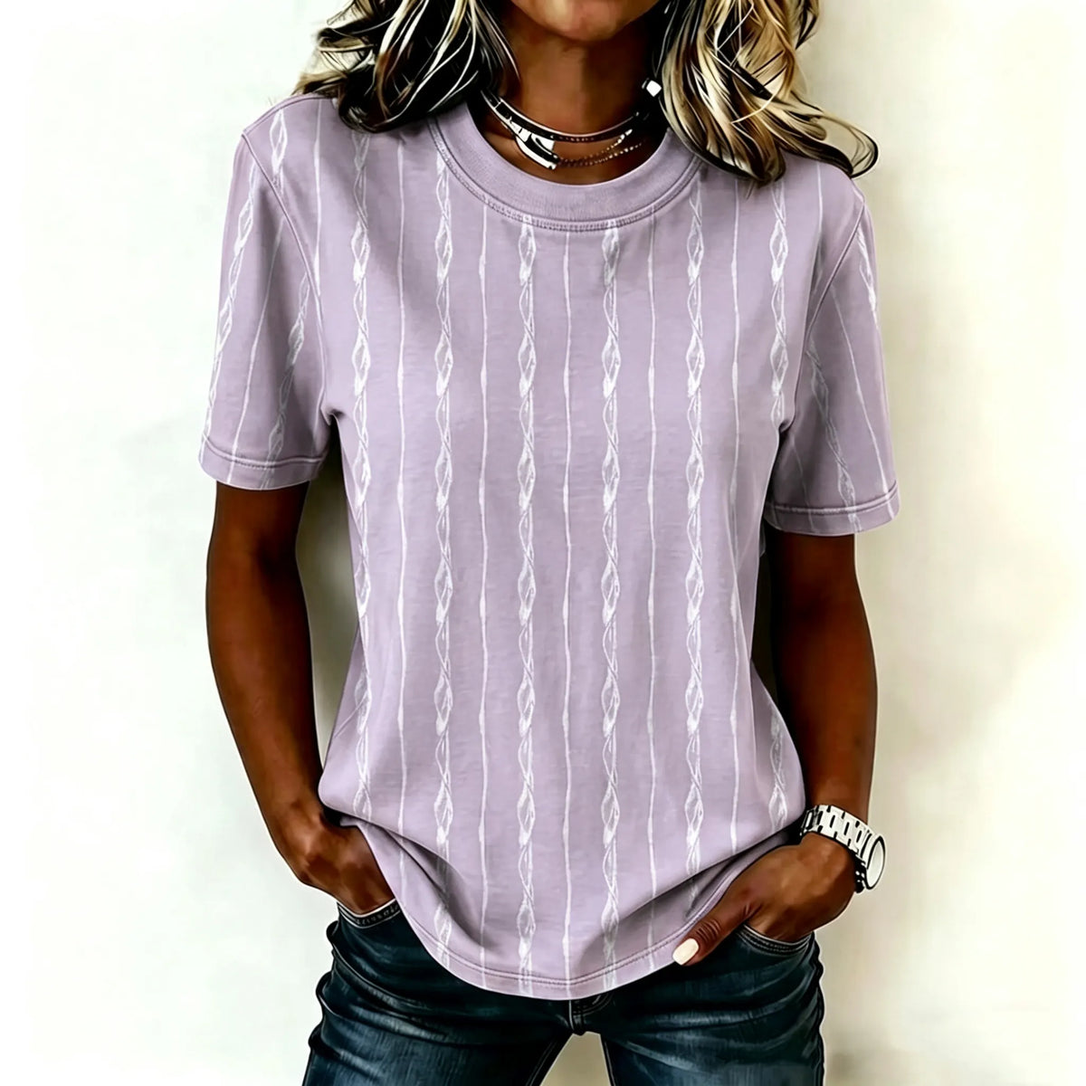 Cardydony Women's Simple Striped Art Print Casual Crew Neck T-shirt