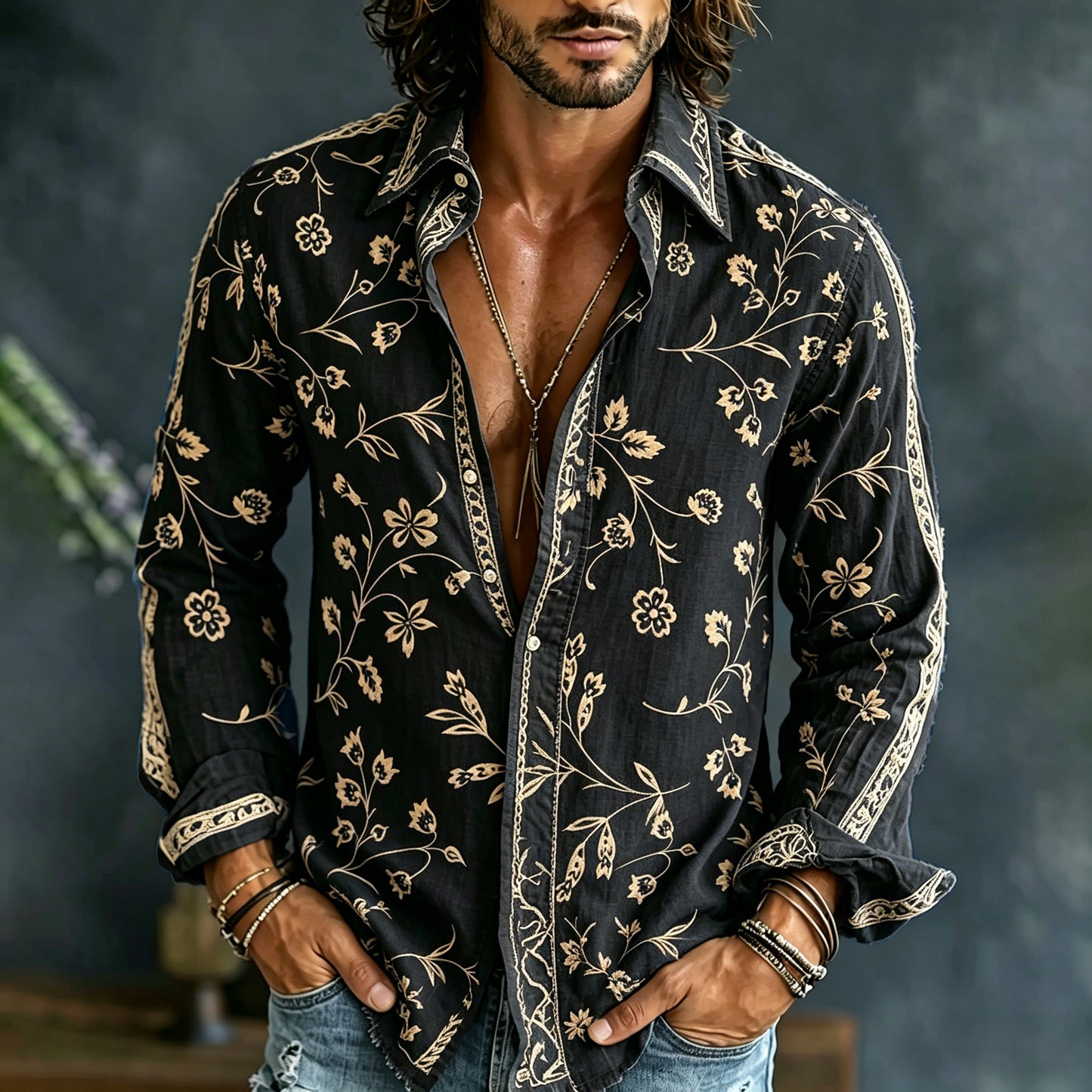 Cardydony Men's Vintage Spring Floral Embroidered Art Print Flowy Linen Blend Casual Shirt