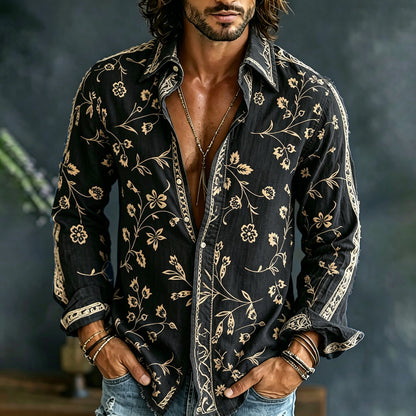 Cardydony Men's Vintage Spring Floral Embroidered Art Print Flowy Linen Blend Casual Shirt