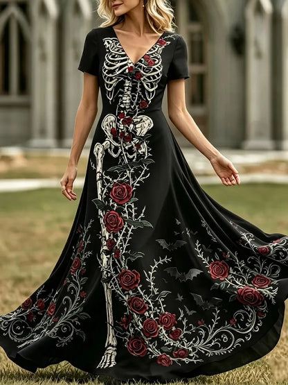 Cardydony Women's Retro Halloween Human Skeleton Floral Print V-neck Dress