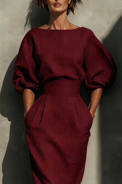 Cardydony Women's Elegant Puff Sleeve High-waisted Pocket Casual Midi Dress