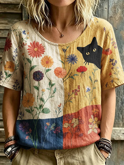 Cardydony Women's Hippie Black Cat Art Print Linen Blend Round Neck Tshirt