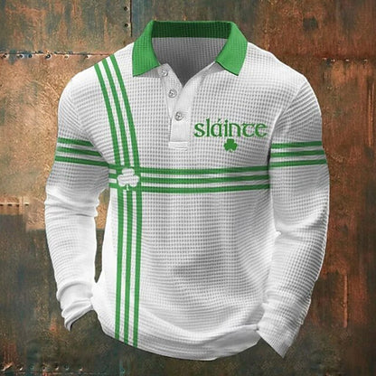 Cardydony Men's St Patrick's Day Shamrock Waffle Long Sleeve Polo Shirt
