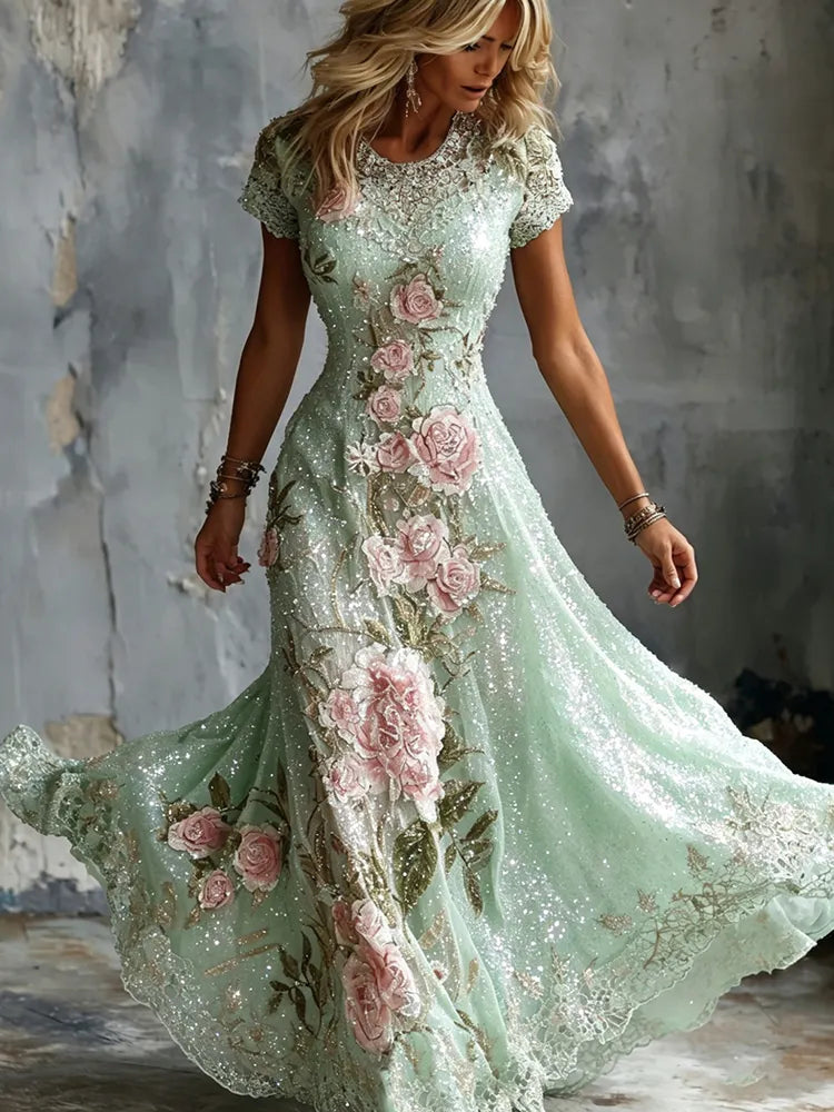 Cardydony Women's Retro Pink Rose Floral Embroidered Maxi Dress