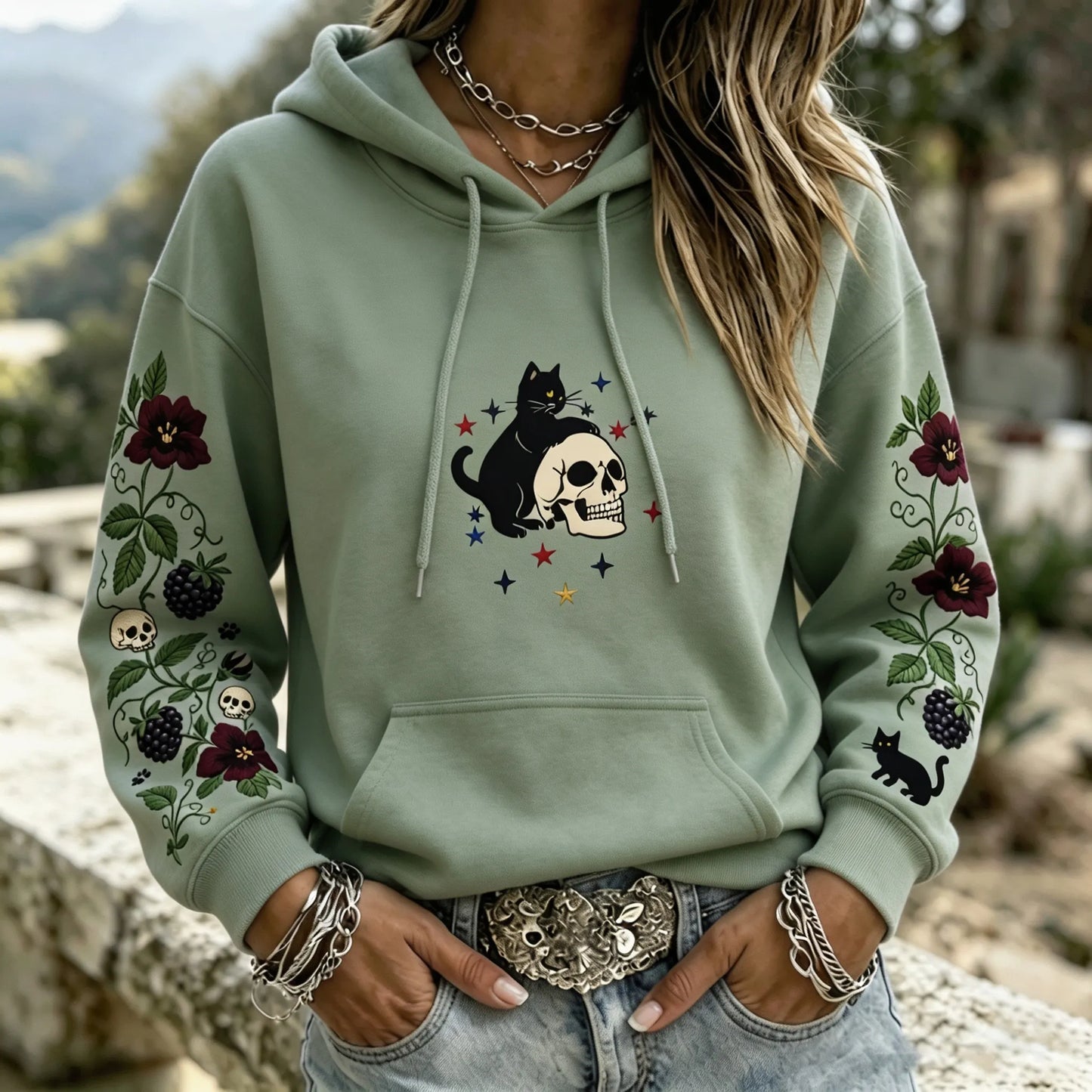 Cardydony Women's Witchy Patriotic Black Cat Skull Floral Graphic Print Hoodie